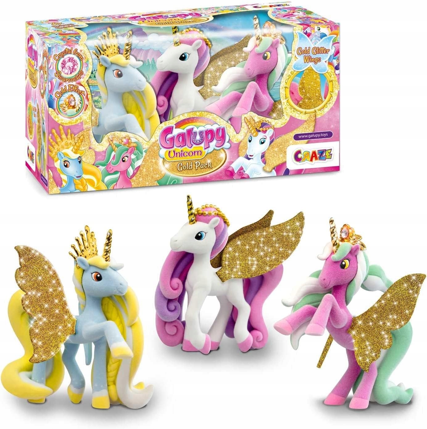 Galupy Unicorn Zestaw 3 Figurki Jednorożec Swarovski Złote Skrzydła Galupy Unicorn zestaw 3 figurki jednorożce z kryształami Swarovski złote skrzydła Craze