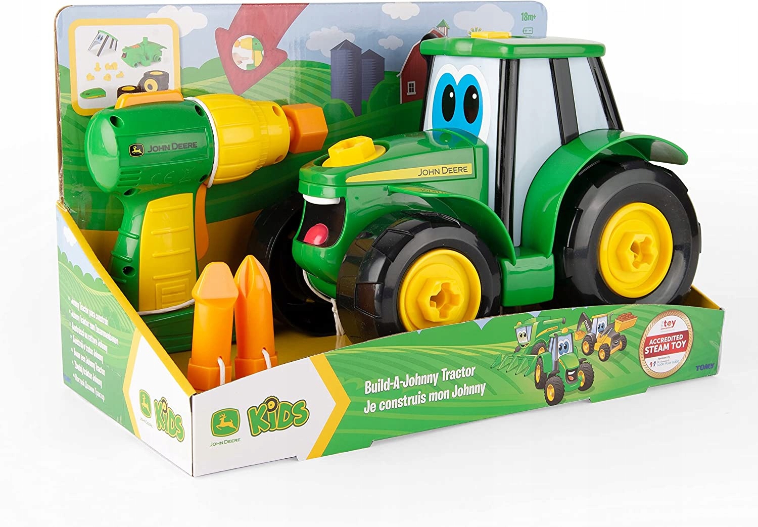 Traktor John Deere TOMY Johnny do Skręcania Wiertarka Traktor John Deere TOMY Johnny zestaw do skręcania z wiertarką dla dzieci 42946