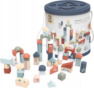 Drewniane klocki dla dzieci Nici 50 sztuk w wiaderku z sorterem kształtów