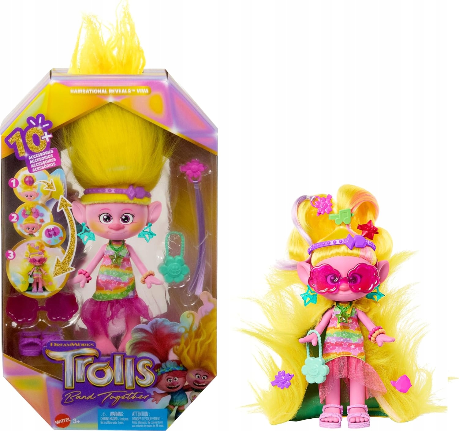Mattel Trolls Hairsational Reveal Viva lalka wyczesane niespodzianki HNF17 Trolls Hairsational Reveal Viva lalka Mattel z niespodziankami we włosach